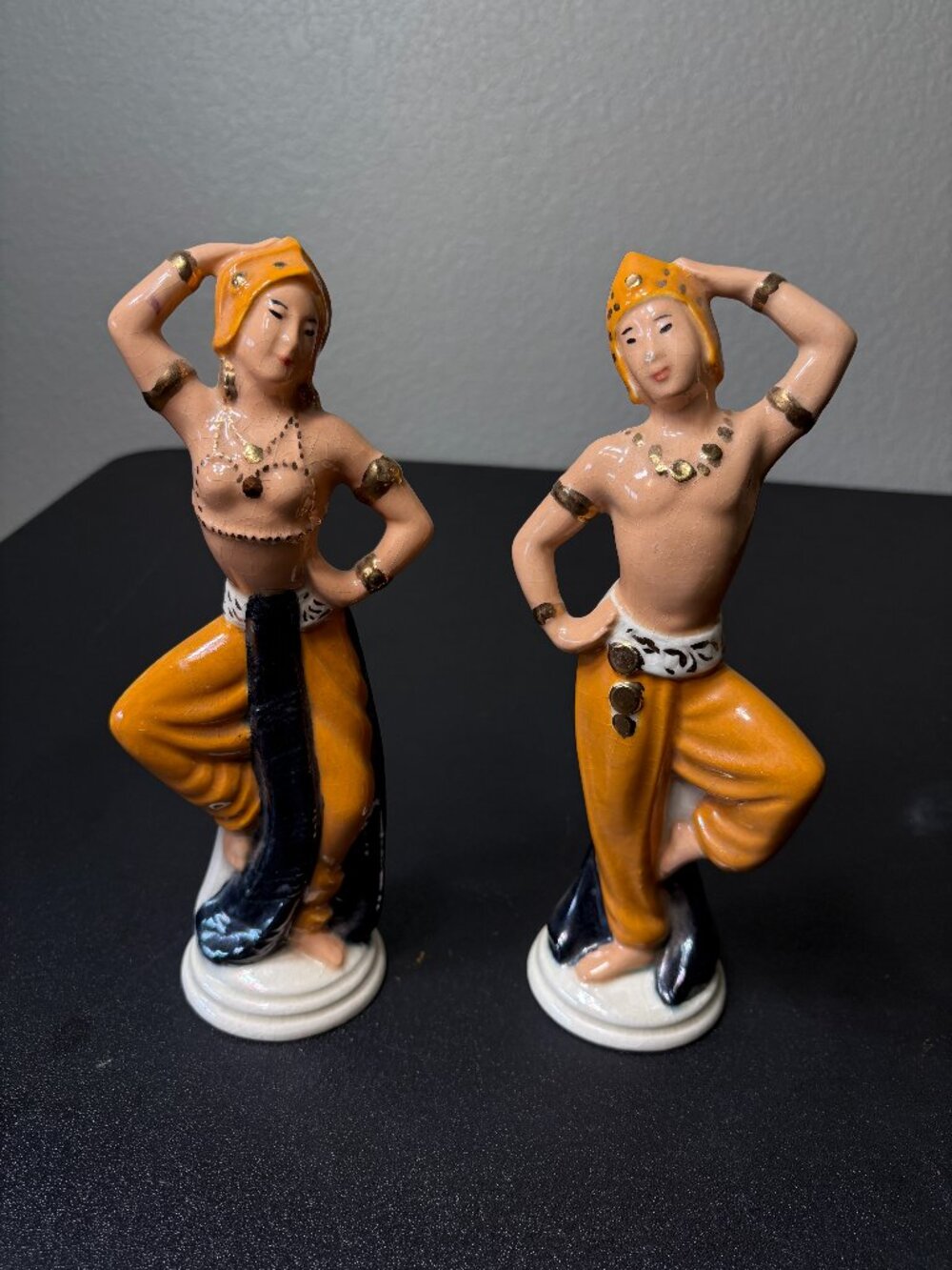 Set of 2 Art Deco Male and Female Asian Dancers. Hand Painted